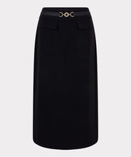 Load image into Gallery viewer, Black pencil skirt with a gold buckle against a white background.