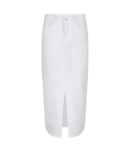Load image into Gallery viewer, This versatile Off-White Denim Skirt Maxi Stretch by EsQualo is a trendsetter with a front slit, perfect for year-round wear. It transitions effortlessly from summer wedges to winter boots and is a timeless addition to any wardrobe.