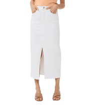 Load image into Gallery viewer, This versatile Off-White Denim Skirt Maxi Stretch by EsQualo is a trendsetter with a front slit, perfect for year-round wear. It transitions effortlessly from summer wedges to winter boots and is a timeless addition to any wardrobe.
