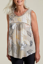 Load image into Gallery viewer, The Tribal Sosie Sleeveless Blouse is a stylish and elegant piece featuring ladder tape detail in a soft mink color. Made with lightweight breathable fabric, this fashion-forward sleeveless top offers versatile styling for both casual and professional outfits. Elevate your wardrobe with modern minimalist fashion designed for comfort and sophistication.