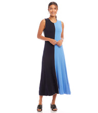 Load image into Gallery viewer, The Karen Kane Sleeveless Colorblock Midi Dress is a bold and modern piece designed to flatter the figure. Featuring dynamically contrasting navy and blue panels, this dress creates a striking visual effect while maintaining a timeless elegance. Perfect for both casual and dressy occasions, this figure flattering dress effortlessly styles with heels or sandals for a chic ensemble.