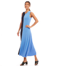 Load image into Gallery viewer, The Karen Kane Sleeveless Colorblock Midi Dress is a bold and modern piece designed to flatter the figure. Featuring dynamically contrasting navy and blue panels, this dress creates a striking visual effect while maintaining a timeless elegance. Perfect for both casual and dressy occasions, this figure flattering dress effortlessly styles with heels or sandals for a chic ensemble.