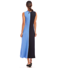 Load image into Gallery viewer, The Karen Kane Sleeveless Colorblock Midi Dress is a bold and modern piece designed to flatter the figure. Featuring dynamically contrasting navy and blue panels, this dress creates a striking visual effect while maintaining a timeless elegance. Perfect for both casual and dressy occasions, this figure flattering dress effortlessly styles with heels or sandals for a chic ensemble.