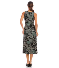 Load image into Gallery viewer, This elegant dress features a beautiful aqua blue paisley and floral design on a black background, perfect for spring or summer occasions. Its sleeveless style and relaxed fit make it versatile and comfortable, whether paired with sandals for a casual look or heels for a more formal event.