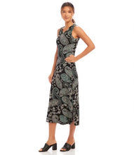 Load image into Gallery viewer, This elegant dress features a beautiful aqua blue paisley and floral design on a black background, perfect for spring or summer occasions. Its sleeveless style and relaxed fit make it versatile and comfortable, whether paired with sandals for a casual look or heels for a more formal event.