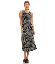 Load image into Gallery viewer, This elegant dress features a beautiful aqua blue paisley and floral design on a black background, perfect for spring or summer occasions. Its sleeveless style and relaxed fit make it versatile and comfortable, whether paired with sandals for a casual look or heels for a more formal event.
