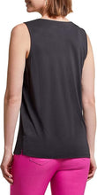 Load image into Gallery viewer, The Tribal Stacy Sleeveless V-Neck Top is a stylish and versatile piece featuring a sleek pleated design in classic black. With its flattering V-neckline and longer length, this top offers a polished yet effortless look, perfect for both casual and professional settings.