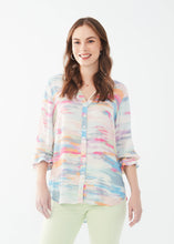 Load image into Gallery viewer, This stylish and comfortable shirt features a multicolor abstract print that adds a pop of color to any outfit. With its split V-neck design and darling three-quarter sleeves with ruffled cuffs, this shirt combines modern fashion with timeless elegance. Whether you're pairing it with jeans for a casual look or dress pants for a more polished ensemble, the Starla is a versatile addition to your collection.
