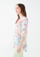 Load image into Gallery viewer, This stylish and comfortable shirt features a multicolor abstract print that adds a pop of color to any outfit. With its split V-neck design and darling three-quarter sleeves with ruffled cuffs, this shirt combines modern fashion with timeless elegance. Whether you're pairing it with jeans for a casual look or dress pants for a more polished ensemble, the Starla is a versatile addition to your collection.