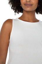 Load image into Gallery viewer, An elegant statement piece in a flattering boat neck. Featuring our large rib knit that is super comfortable and easy to wear. Perfect for layering or on its own! Color - Snow; white. Boat neckline. Large 2x2 rib knit. Sleeveless. 23-3/4" HPS.