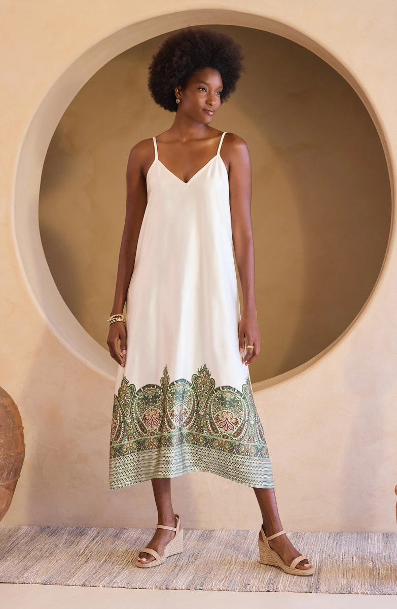Liverpool Women's Spaghetti Strap Maxi Dress in Cream Olive Paisley Print, Size Small
