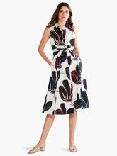 Load image into Gallery viewer, A classic and timeless design, our Sydney dress expertly combines black, white, and just the right amount of color in an oversized floral print. The silhouette is sleeveless and designed to fall below the knee. With pockets, a subtle collar, a sash at the waist this gorgeous dress is designed to flatter. Colors-White, black, blue, pink, beige. Woven dress. Shirt dress. Button front. Shirt collar. Sleeveless. Falls below knee.