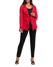 Load image into Gallery viewer, Our popular Fringe Mix Jacket now features even more fringe for added detail. Nic & Zoe has enhanced this signature piece with unique trims on the pockets and cuffs, as well as extending the namesake edging detail for a stunning textured look. Like the original, it combines the luxurious feel of a knit with the refined silhouette of a blazer. The open lapel front and spacious pockets make it both stylish and functional for holding your valuables.