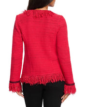 Load image into Gallery viewer, Our popular Fringe Mix Jacket now features even more fringe for added detail. Nic & Zoe has enhanced this signature piece with unique trims on the pockets and cuffs, as well as extending the namesake edging detail for a stunning textured look. Like the original, it combines the luxurious feel of a knit with the refined silhouette of a blazer. The open lapel front and spacious pockets make it both stylish and functional for holding your valuables.