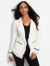 Load image into Gallery viewer, Our popular Fringe Mix Jacket now features even more fringe for added detail. Nic & Zoe has enhanced this signature piece with unique trims on the pockets and cuffs, as well as extending the namesake edging detail for a stunning textured look. Like the original, it combines the luxurious feel of a knit with the refined silhouette of a blazer. The open lapel front and spacious pockets make it both stylish and functional for holding your valuables.
