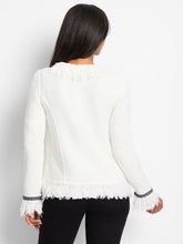 Load image into Gallery viewer, Our popular Fringe Mix Jacket now features even more fringe for added detail. Nic & Zoe has enhanced this signature piece with unique trims on the pockets and cuffs, as well as extending the namesake edging detail for a stunning textured look. Like the original, it combines the luxurious feel of a knit with the refined silhouette of a blazer. The open lapel front and spacious pockets make it both stylish and functional for holding your valuables.