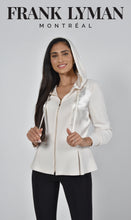 Load image into Gallery viewer, Crafted by the renowned Frank Lyman designer, this stylish jacket exudes sophistication and elegance, making it a versatile addition to any wardrobe. The stunning stone color is complemented by contrasting fabrics, featuring a sleek knit with satin panels. Adding an edgy touch, the hooded design is enhanced by gold zipper detailing for a brilliant contrast. Color- Stone. Hooded. Gold zipper closure.