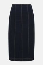 Load image into Gallery viewer, Indigo blue pencil denim skirt against a white background.