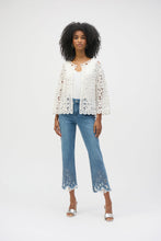 Load image into Gallery viewer, The Joseph Ribkoff Stretch Straight Crop Jeans are a perfect blend of comfort and elegance. Made from eco-friendly Repreve® stretch denim, these jeans feature intricate embroidery, delicate lace inserts, and sparkling iron-on stones for a unique, feminine flair. The frayed hem and classic 5-pocket design add a playful yet timeless appeal. With a flattering straight-crop silhouette, these jeans are versatile enough for both casual outings and chic evening looks.