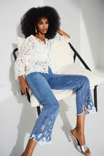 Load image into Gallery viewer, The Joseph Ribkoff Stretch Straight Crop Jeans are a perfect blend of comfort and elegance. Made from eco-friendly Repreve® stretch denim, these jeans feature intricate embroidery, delicate lace inserts, and sparkling iron-on stones for a unique, feminine flair. The frayed hem and classic 5-pocket design add a playful yet timeless appeal. With a flattering straight-crop silhouette, these jeans are versatile enough for both casual outings and chic evening looks.