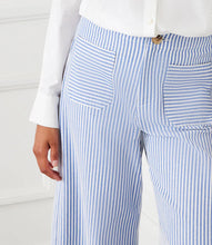 Load image into Gallery viewer, The Stripe Cropped Pants by Karen Kane offer a contemporary and polished aesthetic, perfect for effortless styling. Designed with wide legs and a cropped length, these pants feature striking blue and cream stripes for a bold yet sophisticated look. The high-rise waist provides a flattering fit, while the contrast stripe pockets add a stylish touch.