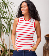 Load image into Gallery viewer, The Sheila Stripe Ribbed Tank by Karen Kane is a chic and versatile sleeveless top that blends timeless stripes with the cozy texture of ribbed knit fabric. Designed for comfort and style, it features a crew neckline, pull-on construction, and a fitted bust with a relaxed waist, ensuring a flattering silhouette.