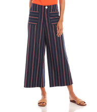 Load image into Gallery viewer, Designed with a contemporary and professional aesthetic, these navy wide-leg pants boast a cropped cut and striking orange pinstripes. The ideal pop of color to add to your wardrobe, these versatile pants seamlessly transition from the office to chic evening out.
