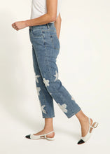 Load image into Gallery viewer, Step up your denim game with these chic Suzanne Pencil Crop Jeans! Featuring a flattering straight-leg fit and a trendy 7/8 length, these jeans are anything but ordinary. The delicate white floral embroidery and organza details add a fun and feminine touch, while the soft, stretchy fabric keeps you comfy all day long. Whether you're running errands or heading out for a casual lunch, these jeans are your go-to for effortless style.