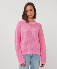 Load image into Gallery viewer, Person wearing an open knit pink sweater with design and blue jeans on a plain background.