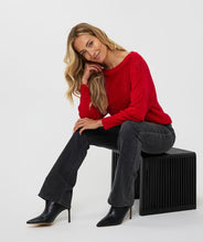 Load image into Gallery viewer, This elegant EsQualo Sweater in a stunning shade of red features a classic boat neck, a unique bat sleeve, and a beautiful open-knit design, all adorned with delicate lurex details for a subtle yet glamorous touch of sparkle. Elevate any outfit with this chic and versatile piece.