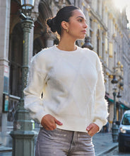 Load image into Gallery viewer, Wrap yourself in warmth and style, with our Henrika Hair Sequins Sweater in an eye-catching fuzzy checkered design. A fashion-must have, our EsQualo sweater is made of fluffy warm hairy fabrication set off with tiny, sparkle sequins. The Henrika is perfect for everything from daily routines to holiday attire, offering a luxurious feel in its cozy, warm embrace.