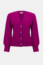 Load image into Gallery viewer, Purple cardigan with rhinestone buttons against a white background.