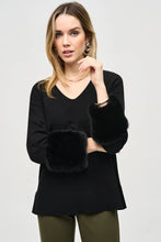 Load image into Gallery viewer, Slipping into this V-neck sweater tunic with faux-fur cuffs easily lifts the spirits. The soft and elegant enhancement to a simple design ensures a distinctive style for both day and evening wear.