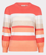 Load image into Gallery viewer, Stripes are forever fashionable! Add this adorable top with playful sleeves and horizontal stripes to your wardrobe - it's a must-have. Featuring shades of coral, white, tan, and gold.
