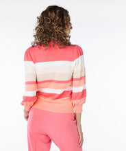 Load image into Gallery viewer, Stripes are forever fashionable! Add this adorable top with playful sleeves and horizontal stripes to your wardrobe - it's a must-have. Featuring shades of coral, white, tan, and gold.