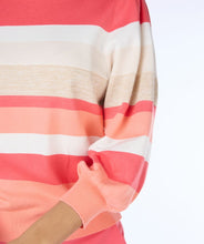 Load image into Gallery viewer, Stripes are forever fashionable! Add this adorable top with playful sleeves and horizontal stripes to your wardrobe - it's a must-have. Featuring shades of coral, white, tan, and gold.