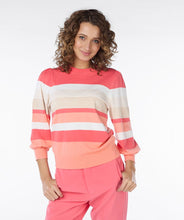 Load image into Gallery viewer, Stripes are forever fashionable! Add this adorable top with playful sleeves and horizontal stripes to your wardrobe - it's a must-have. Featuring shades of coral, white, tan, and gold.