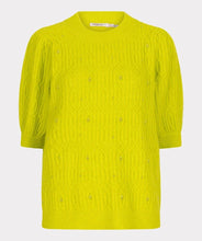 Load image into Gallery viewer, Lime cable knit sweater with pearl embellishments against a light gray background.