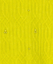 Load image into Gallery viewer, Close-up of a textured lime green fabric with pearls with a cable knit pattern.