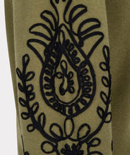 Load image into Gallery viewer, Our Sanne sweater is a work of art and a masterpiece of comfort and style. This olive-green sweater features elegant puff sleeves and intricate black stitching details. Crafted with anti-pilling acrylic, it promises durability and superior quality.