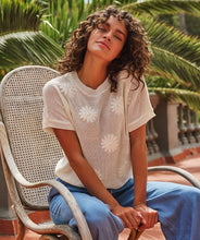 Load image into Gallery viewer, The EsQualo Senia Sweater is a chic, feminine knit featuring delicate floral appliqué and tiny sparkling sequins, a classic round neckline, and short sleeves for effortless style. Crafted from 60% acrylic and 40% polyester, it offers a soft, comfortable fit perfect for layering or wearing solo. this sweater blends elegance and versatility, making it a must-have wardrobe essential.