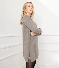 Load image into Gallery viewer, A soft brushed knit fabric gives this relaxed dress a sophisticated touch, thanks to its stylish zipper details. It looks amazing on its own or when worn with leggings and boots for a contemporary look. Color- Heathered taupe. Long sleeve. Crew neck. Side-zipper. Fabric -81% Polyester. 16% Rayon. 3% Spandex.