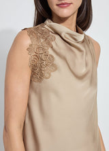 Load image into Gallery viewer, Beige sleeveless top with lace detailing against a plain background.