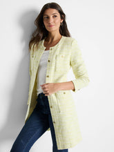 Load image into Gallery viewer, This eye-catching tunic-length jacket is the perfect addition to any outfit, whether paired with jeans or dressed up for a more elevated look. The interknit of pistachio and cream colors adds a vibrant touch, while the functional buttons add a touch of sophistication. The signature texture of the knit adds subtle contrast and depth to the overall appearance. It also features convenient pockets for added functionality.