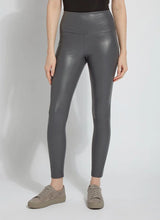 Load image into Gallery viewer, These Vegan Leather leggings are made from stretchy Textured Faux Leather, boasting a body hugging fit and a concealed signature waistband that offers a smooth, flattering silhouette. In a versatile charcoal color, they complement a wide array of your preferred tops beautifully.
