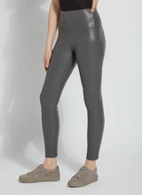 Load image into Gallery viewer, These Vegan Leather leggings are made from stretchy Textured Faux Leather, boasting a body hugging fit and a concealed signature waistband that offers a smooth, flattering silhouette. In a versatile charcoal color, they complement a wide array of your preferred tops beautifully.