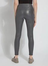 Load image into Gallery viewer, These Vegan Leather leggings are made from stretchy Textured Faux Leather, boasting a body hugging fit and a concealed signature waistband that offers a smooth, flattering silhouette. In a versatile charcoal color, they complement a wide array of your preferred tops beautifully.