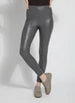 Load image into Gallery viewer, These Vegan Leather leggings are made from stretchy Textured Faux Leather, boasting a body hugging fit and a concealed signature waistband that offers a smooth, flattering silhouette. In a versatile charcoal color, they complement a wide array of your preferred tops beautifully.