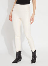 Load image into Gallery viewer, These Vegan Leather leggings are made from stretchy Textured Faux Leather, boasting a body hugging fit and a concealed signature waistband that offers a smooth, flattering silhouette. In a versatile off-white hue known as chalk, they complement a wide array of your preferred tops beautifully.