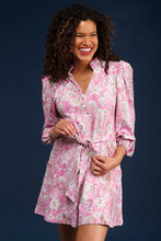 Load image into Gallery viewer, Embrace the season with the Hazel Dress in Petunia Patisserie by Smith & Quinn. This stunning drop waist dress features a beautiful button detail at the neck opening and a detachable waist tie, offering both style and versatility. Crafted from S & Q's Signature Stretch fabric, it's wrinkle-resistant and machine washable, making it a must-have addition to your wardrobe. Perfect for spring fashion, this dress combines elegance and practicality, ensuring you look fabulous all day long.